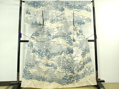 平和屋本店▽極上　訪問着　単衣　紬地　藍　渡橋風景花文　やまと金ラベル　逸品　未使用　DZAB7891kh6
