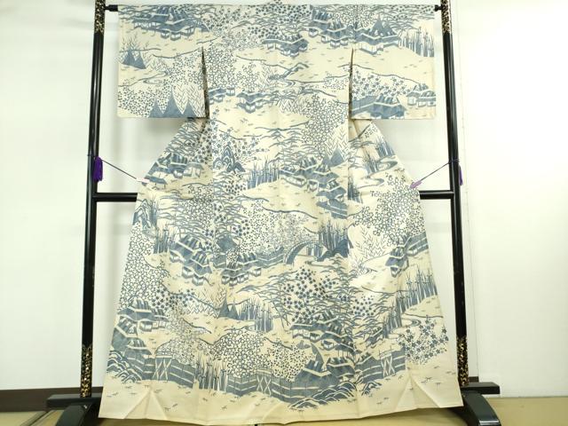 平和屋本店▽極上　訪問着　単衣　紬地　藍　渡橋風景花文　やまと金ラベル　逸品　未使用　DZAB7891kh6