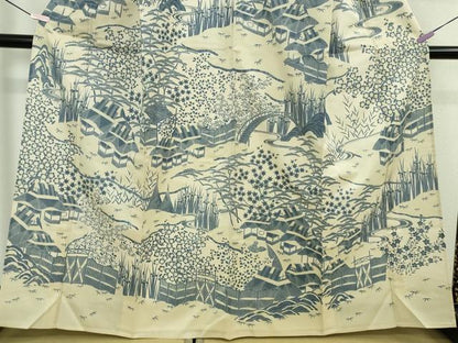 平和屋本店▽極上　訪問着　単衣　紬地　藍　渡橋風景花文　やまと金ラベル　逸品　未使用　DZAB7891kh6