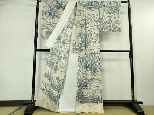 平和屋本店▽極上　訪問着　単衣　紬地　藍　渡橋風景花文　やまと金ラベル　逸品　未使用　DZAB7891kh6