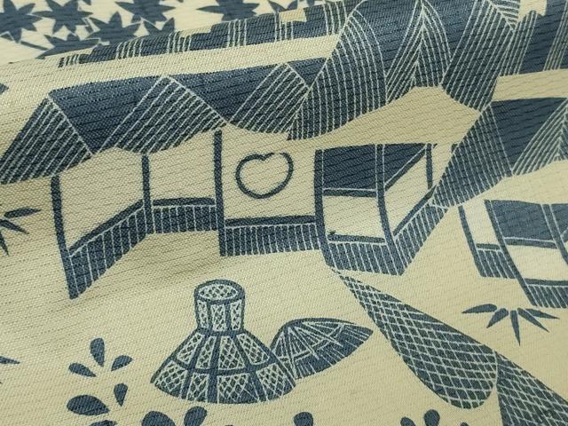 平和屋本店▽極上　訪問着　単衣　紬地　藍　渡橋風景花文　やまと金ラベル　逸品　未使用　DZAB7891kh6