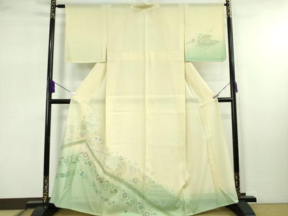 平和屋着物＊極上　夏物　中国三大刺繍　スワトウ刺繍　汕頭刺繍　訪問着　絽　舞蝶唐草鳥文　暈し染め　砥粉色地　逸品　DZAB7892kh6