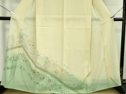平和屋着物＊極上　夏物　中国三大刺繍　スワトウ刺繍　汕頭刺繍　訪問着　絽　舞蝶唐草鳥文　暈し染め　砥粉色地　逸品　DZAB7892kh6
