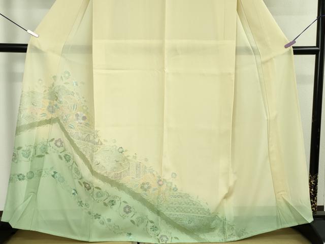 平和屋着物＊極上　夏物　中国三大刺繍　スワトウ刺繍　汕頭刺繍　訪問着　絽　舞蝶唐草鳥文　暈し染め　砥粉色地　逸品　DZAB7892kh6