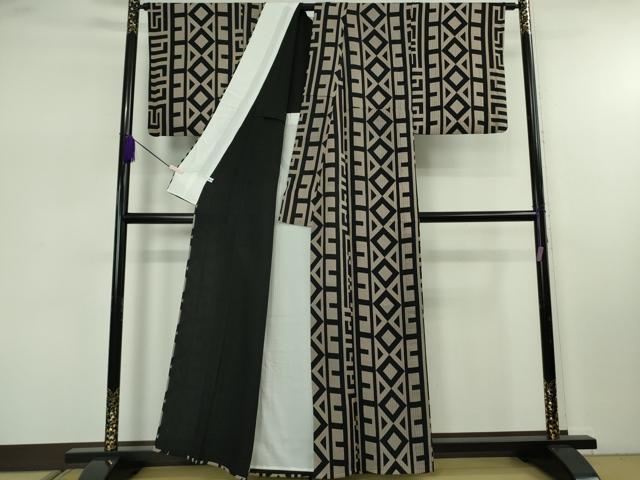 平和屋本店▽希少　染色作家　斉藤三才×キモノデザイナー　斉藤上太郎　小紋　単衣　幾何学文様　反端付き　逸品　DZAB7895kh6