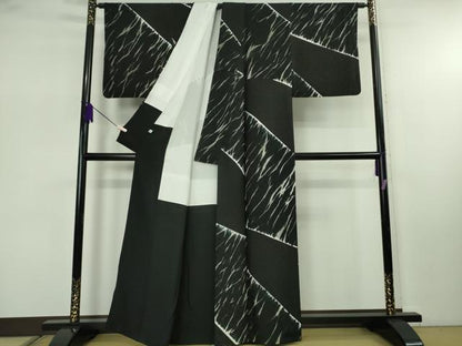 平和屋本店●極上　キモノデザイナー　斉藤上太郎　小紋　霞文　市松地紋　黒地　たとう紙・反端付き　逸品　DZAB7897kh6