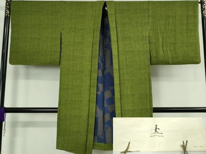 平和屋本店∞極上　キモノデザイナー　斉藤上太郎　長羽織　草色地　たとう紙付き　逸品　DZAB7899kh6