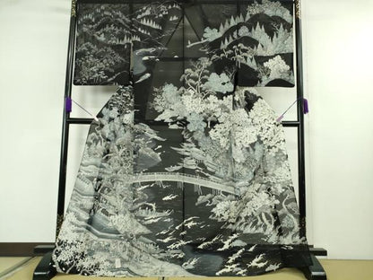 平和屋本店＊極上　夏物　訪問着　手描き　紗　渡橋水辺人物風景　黒地　逸品　DZAB7904kh6