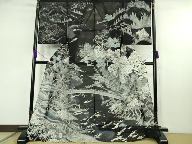 平和屋本店＊極上　夏物　訪問着　手描き　紗　渡橋水辺人物風景　黒地　逸品　DZAB7904kh6