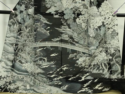 平和屋本店＊極上　夏物　訪問着　手描き　紗　渡橋水辺人物風景　黒地　逸品　DZAB7904kh6