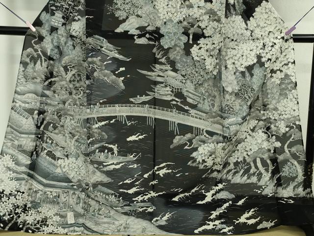 平和屋本店＊極上　夏物　訪問着　手描き　紗　渡橋水辺人物風景　黒地　逸品　DZAB7904kh6