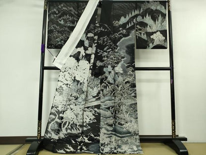 平和屋本店＊極上　夏物　訪問着　手描き　紗　渡橋水辺人物風景　黒地　逸品　DZAB7904kh6