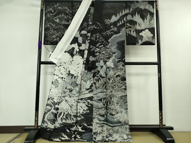 平和屋本店＊極上　夏物　訪問着　手描き　紗　渡橋水辺人物風景　黒地　逸品　DZAB7904kh6