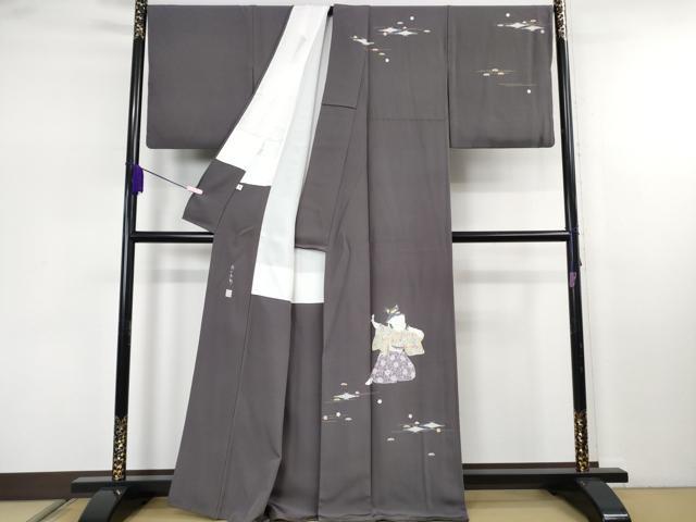 平和屋本店●極上　二代目・由水十久　本加賀友禅　訪問着　雨の五郎　藤煤竹色地　証紙付き　逸品　DZAB7907kh6