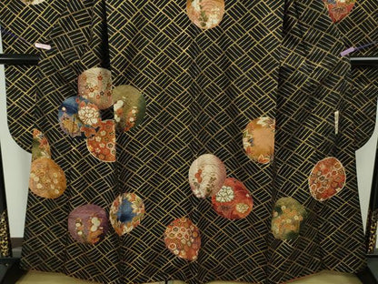 平和屋本店●希少　西陣　河合美術織物謹製　振袖　花丸文　黒地　金彩　逸品　DZAB7920kh6