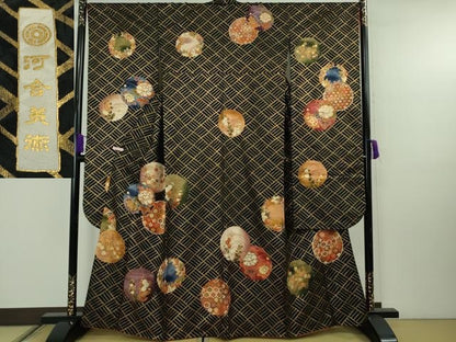 平和屋本店●希少　西陣　河合美術織物謹製　振袖　花丸文　黒地　金彩　逸品　DZAB7920kh6