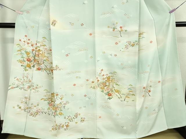 平和屋本店●極上　訪問着　駒刺繍　御所車花文　白藍色地　暈し染め　金彩　逸品　未使用　DZAB7922kh6