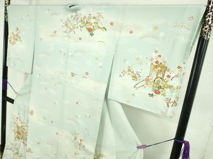 平和屋本店●極上　訪問着　駒刺繍　御所車花文　白藍色地　暈し染め　金彩　逸品　未使用　DZAB7922kh6