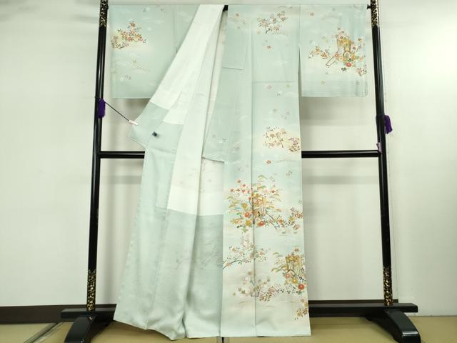 平和屋本店●極上　訪問着　駒刺繍　御所車花文　白藍色地　暈し染め　金彩　逸品　未使用　DZAB7922kh6