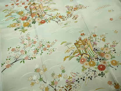 平和屋本店●極上　訪問着　駒刺繍　御所車花文　白藍色地　暈し染め　金彩　逸品　未使用　DZAB7922kh6