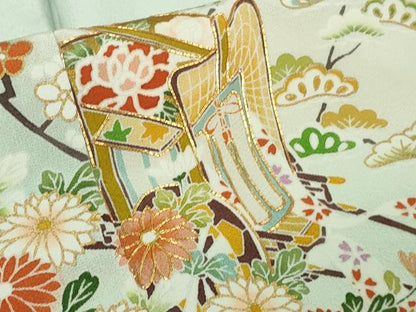 平和屋本店●極上　訪問着　駒刺繍　御所車花文　白藍色地　暈し染め　金彩　逸品　未使用　DZAB7922kh6