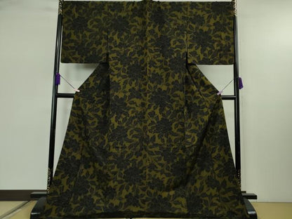 平和屋着物●極上　小紋　牡丹　濃い海松茶色×黒　ロング丈　逸品　DZAB7926kh6