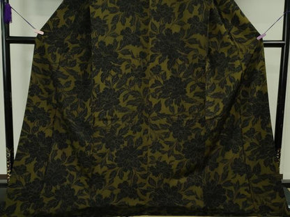 平和屋着物●極上　小紋　牡丹　濃い海松茶色×黒　ロング丈　逸品　DZAB7926kh6