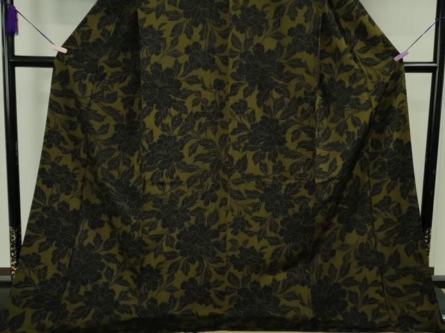 平和屋着物●極上　小紋　牡丹　濃い海松茶色×黒　ロング丈　逸品　DZAB7926kh6