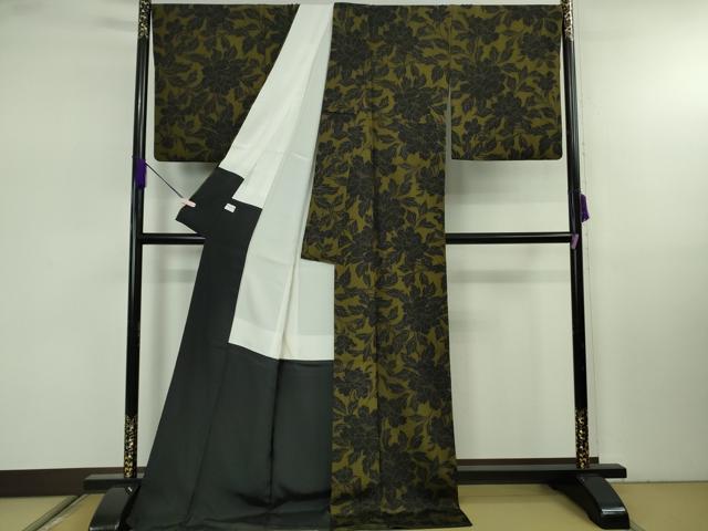 平和屋着物●極上　小紋　牡丹　濃い海松茶色×黒　ロング丈　逸品　DZAB7926kh6