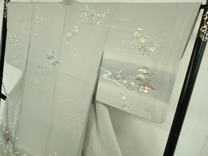 平和屋本店●極上　創業460年・千總　訪問着　駒刺繍　吉祥風景花文　絹鼠色地　暈し染め　金彩　逸品　DZAB7933kh6