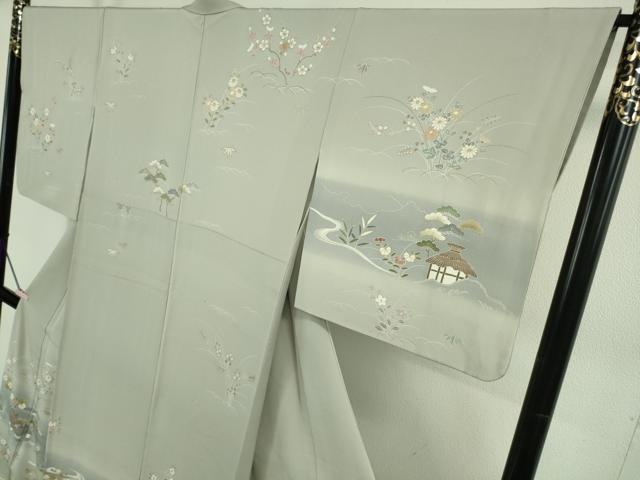 平和屋本店●極上　創業460年・千總　訪問着　駒刺繍　吉祥風景花文　絹鼠色地　暈し染め　金彩　逸品　DZAB7933kh6