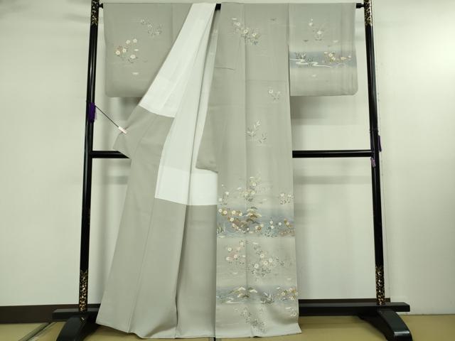 平和屋本店●極上　創業460年・千總　訪問着　駒刺繍　吉祥風景花文　絹鼠色地　暈し染め　金彩　逸品　DZAB7933kh6