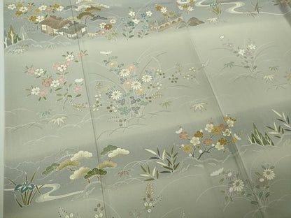 平和屋本店●極上　創業460年・千總　訪問着　駒刺繍　吉祥風景花文　絹鼠色地　暈し染め　金彩　逸品　DZAB7933kh6
