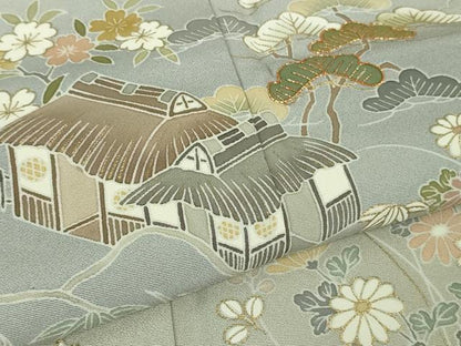 平和屋本店●極上　創業460年・千總　訪問着　駒刺繍　吉祥風景花文　絹鼠色地　暈し染め　金彩　逸品　DZAB7933kh6