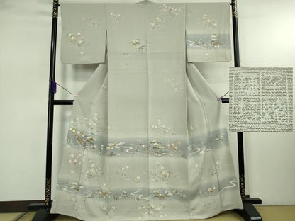 平和屋本店●極上　創業460年・千總　訪問着　駒刺繍　吉祥風景花文　絹鼠色地　暈し染め　金彩　逸品　DZAB7933kh6