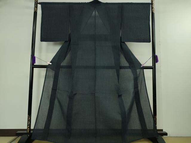 平和屋着物＊極上　夏物　本場小千谷ちぢみ　麻　縞　濃藍色地　逸品　DZAB7940kh6