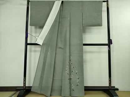 平和屋本店＊極上 夏物 人間国宝 小宮康孝 色留訪問着 傳統江戸小紋 絽 鮫小紋柄 朝顔　鶸茶色×白　三越扱い　反端付き　逸品 DZAB7964kh6