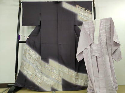 平和屋本店●極上　訪問着・長襦袢(無双仕立て)セット　総手刺繍　吉祥花文　深紫色地　金銀糸　逸品　未使用　DZAB7991kh6