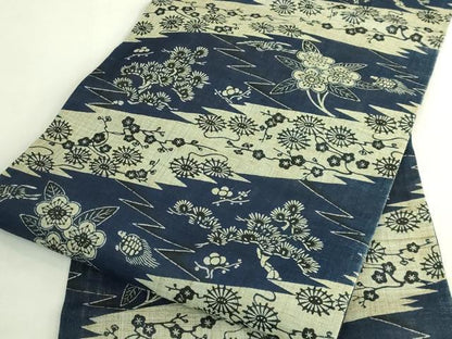 平和屋本店＊最高級　夏物　城間栄順　本場琉球紅型　九寸開き名古屋帯　舞花文　鶴　蓑亀　麻　逸品　DZAB8005kh6