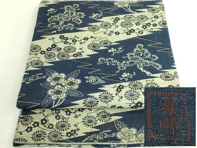 平和屋本店＊最高級　夏物　城間栄順　本場琉球紅型　九寸開き名古屋帯　舞花文　鶴　蓑亀　麻　逸品　DZAB8005kh6