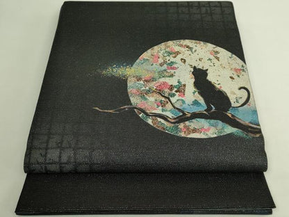 平和屋着物●極上　太鼓柄袋帯　満月　黒猫　黒地　金銀彩　銀通し地　逸品　DZAB8018kh6