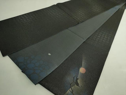 平和屋着物●極上　太鼓柄袋帯　満月　黒猫　黒地　金銀彩　銀通し地　逸品　DZAB8018kh6