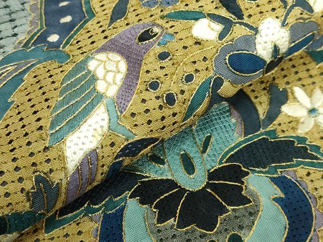 平和屋本店●最高級　中国三大刺繍　スワトウ刺繍　汕頭刺繍　総刺繍　絽刺し　全通柄袋帯　向かい鳥花文　金糸　逸品　DZAB8035kh6