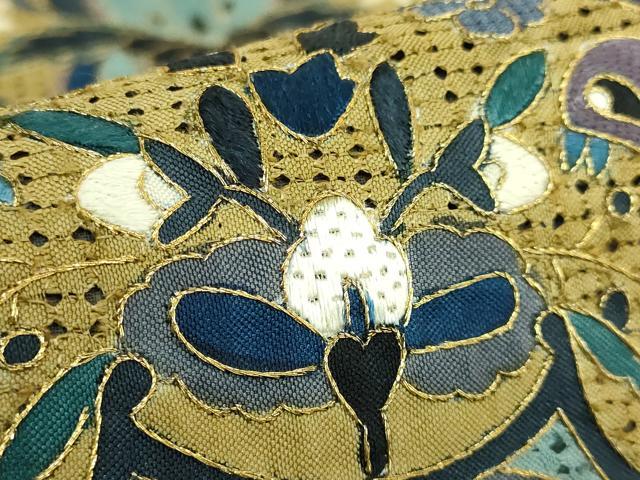 平和屋本店●最高級　中国三大刺繍　スワトウ刺繍　汕頭刺繍　総刺繍　絽刺し　全通柄袋帯　向かい鳥花文　金糸　逸品　DZAB8035kh6