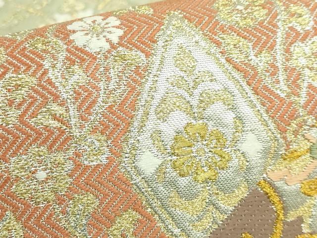 平和屋着物●極上 唐織・西陣の老舗・名門・藤原織物 六通柄袋帯 切嵌正倉院花唐草 金銀糸 上代30万 証紙・反端付 逸品 未使用 DZAB8055kh6