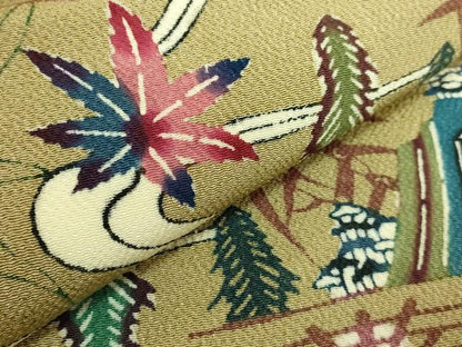 平和屋本店●極上　本場琉球紅型　平野晋二郎　九寸開き名古屋帯　風景文　利休茶色地　鬼しぼ縮緬　ますいわ屋扱い　逸品　DZAB8058kh6