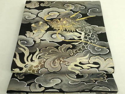 平和屋着物●極上　太鼓柄袋帯　モール　雲龍　黒地　金銀糸　逸品　DZAB8072kh6