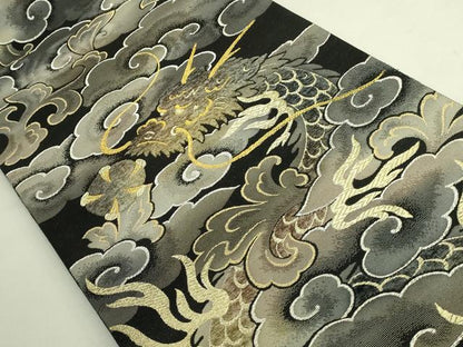 平和屋着物●極上　太鼓柄袋帯　モール　雲龍　黒地　金銀糸　逸品　DZAB8072kh6