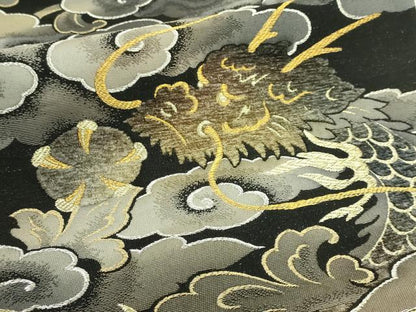 平和屋着物●極上　太鼓柄袋帯　モール　雲龍　黒地　金銀糸　逸品　DZAB8072kh6