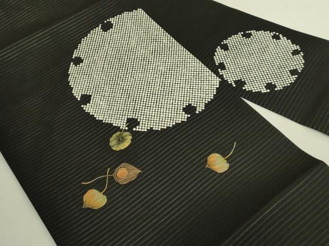 平和屋着物＊極上　夏物　絽塩瀬　九寸名古屋帯　刺繍　雪輪　ほおづき　黒地　逸品　DZAB8073kh6